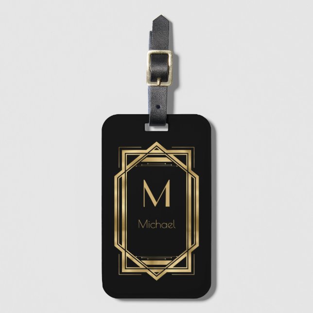 Étiquette À Bagage Monogramme personnalisé noir et or | Géométrique (Devant Vertical)