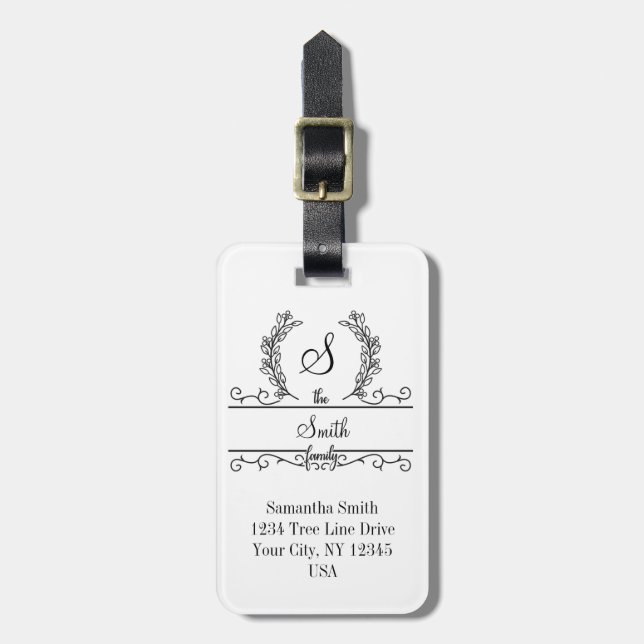 Étiquette À Bagage Monogramme Personnalisé Nom de famille Feuilles de (Devant Vertical)