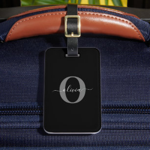 Étiquette À Bagage Monogramme personnalisé Nom de script noir blanc g