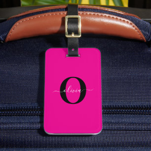 Étiquette À Bagage Monogramme personnalisé Nom du script rose noir bl
