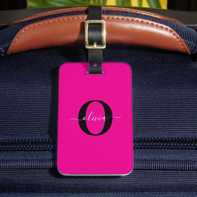 Étiquette À Bagage Monogramme personnalisé Nom du script rose noir bl (Insitu Rectoal 2)