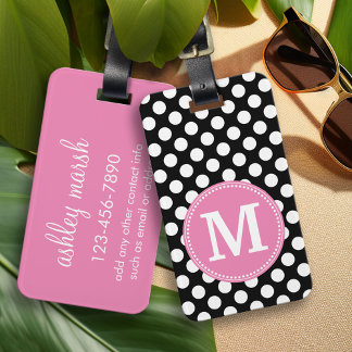 Étiquette À Bagage Monogramme personnalisé Pois noirs et roses chauds