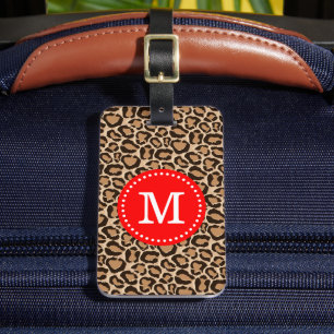 Étiquette À Bagage Monogramme personnalisé rouge et Empreinte de léop