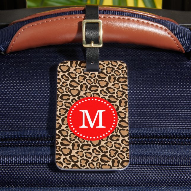 Étiquette À Bagage Monogramme personnalisé rouge et Empreinte de léop (Insitu Rectoal 2)