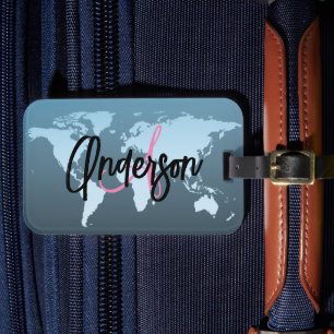 Étiquette À Bagage Monogramme Personnalisé World Traveller Pink Map N
