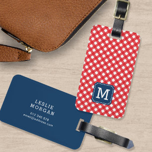 Étiquette À Bagage Monogramme Pique-nique En vichy rouge et bleu