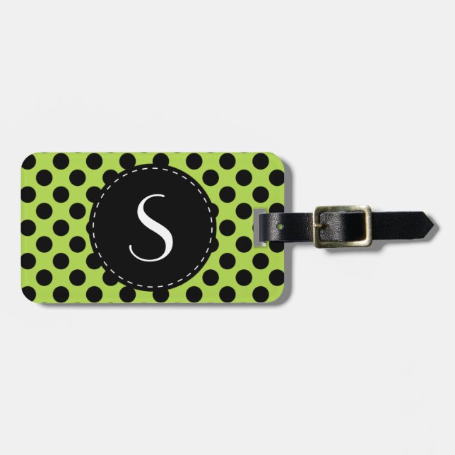 Étiquette À Bagage Monogramme Polka Green Lime Personnalisé (Devant horizontal)