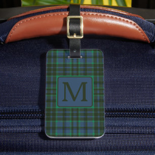 Étiquette À Bagage Monogramme préppy vert et bleu plaid