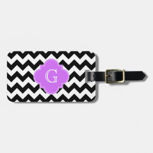 Étiquette À Bagage Monogramme Quatrefoil noir blanc Chevron Lilac