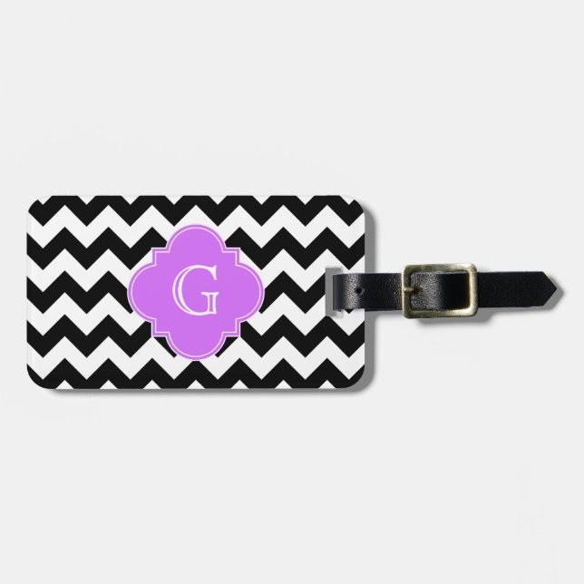 Étiquette À Bagage Monogramme Quatrefoil noir blanc Chevron Lilac (Devant horizontal)