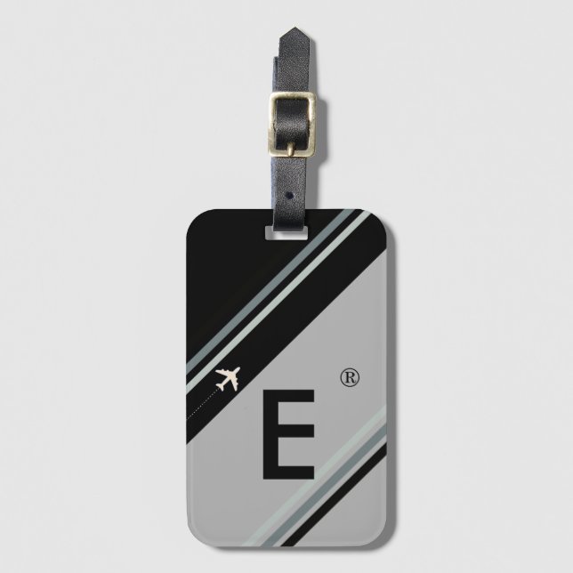 Étiquette À Bagage monogramme rayé noir personnalisé (Devant Vertical)