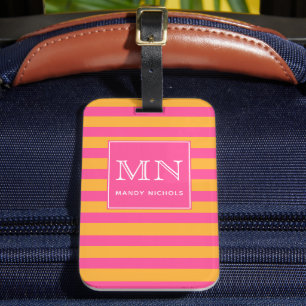 Étiquette À Bagage Monogramme rayé rose et orange chaud