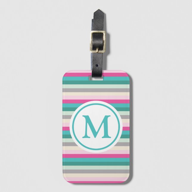 Étiquette À Bagage Monogramme rayé rose et vert (Devant Vertical)
