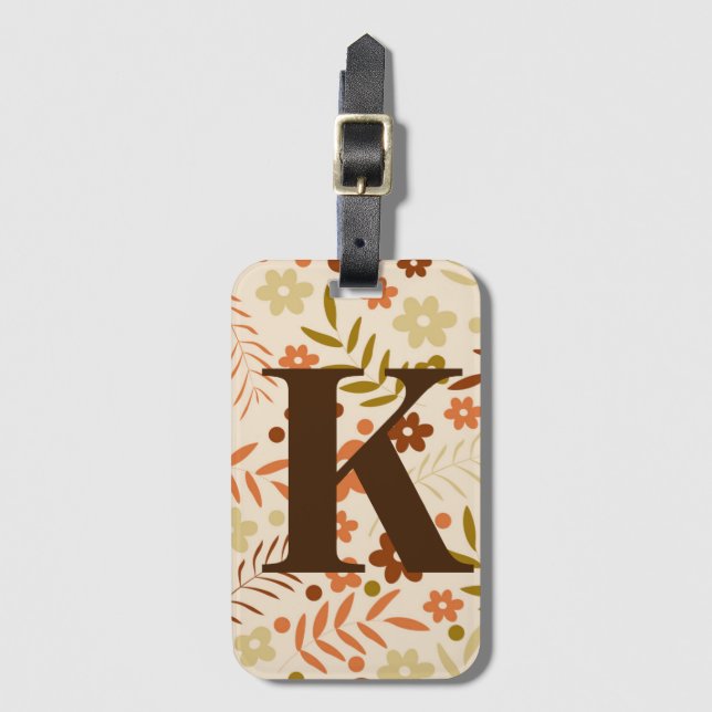Étiquette À Bagage Monogramme Retro les années 70 Brown Floral Motif (Devant Vertical)