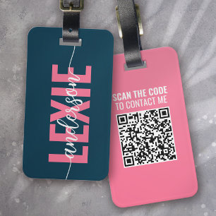 Étiquette À Bagage Monogramme rose bleu personnalisé QR Code