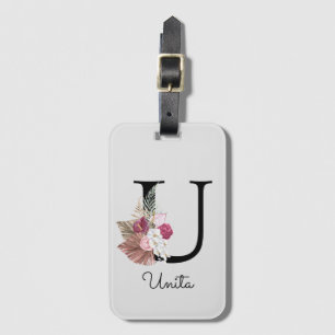 Étiquette À Bagage Monogramme Rose Bohème Féminin Floral Initial U