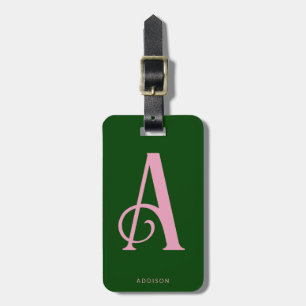 Étiquette À Bagage Monogramme rose élégant initial sur vert foncé