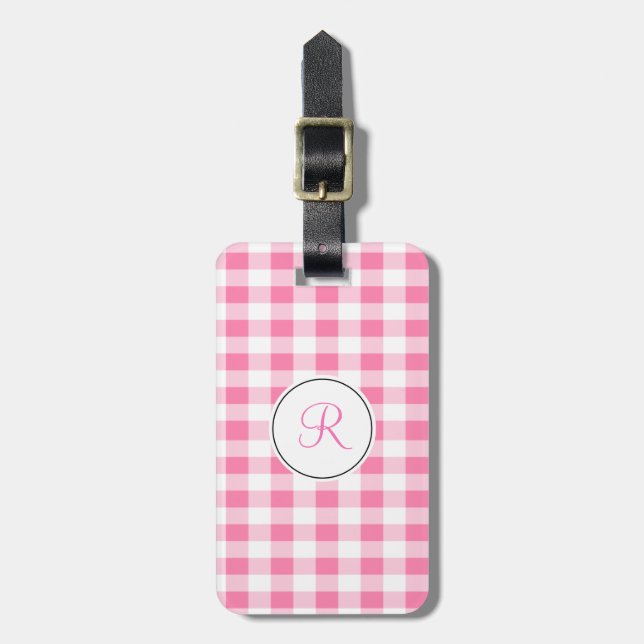 Étiquette À Bagage Monogramme rose En vichy (Devant Vertical)