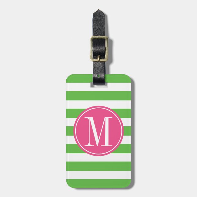 Étiquette À Bagage Monogramme rose et vert de coutume de rayures (Devant Vertical)