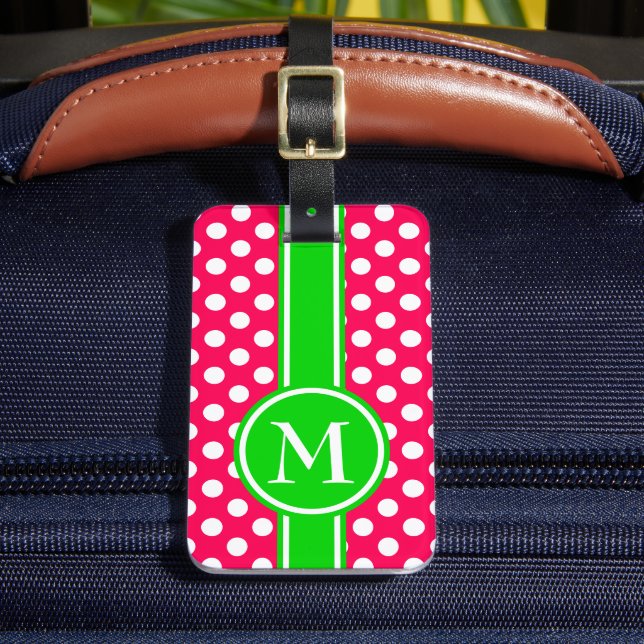 Étiquette À Bagage Monogramme rose et vert de point de polka (Insitu Rectoal 2)