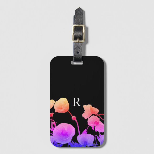 Étiquette À Bagage Monogramme rose néon de la fleur d'aquarelle (Devant Vertical)