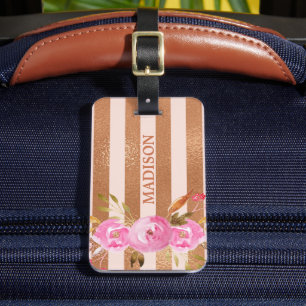 Étiquette À Bagage Monogramme rose or rayé Nom Floral
