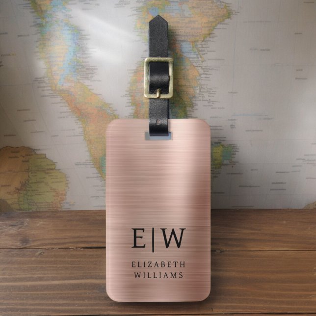 Étiquette À Bagage Monogramme Rose Or rose brossé métal élégant (Créateur téléchargé)