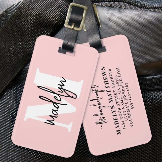 Étiquette À Bagage Monogramme rose vierge moderne pour fille Nom (Modern Girly Blush Pink Monogram Name Luggage Tag)