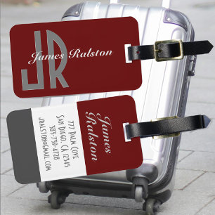 Étiquette À Bagage Monogramme rouge foncé, gris et blanc, personnalis
