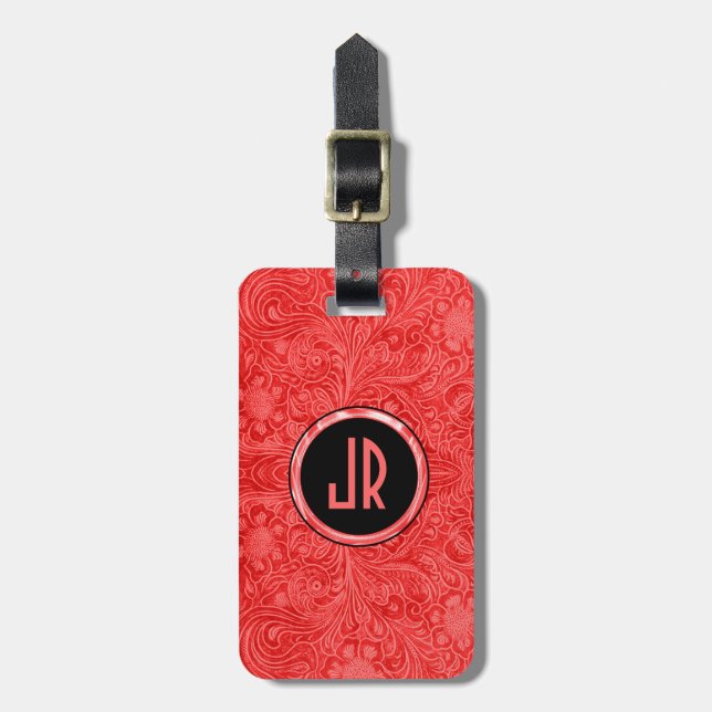 Étiquette À Bagage Monogramme Rouge Suede cuir Design Floral (Devant Vertical)