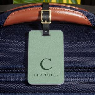 Étiquette À Bagage Monogramme Sage Vert Imprimé Cuir Art Personnalisé