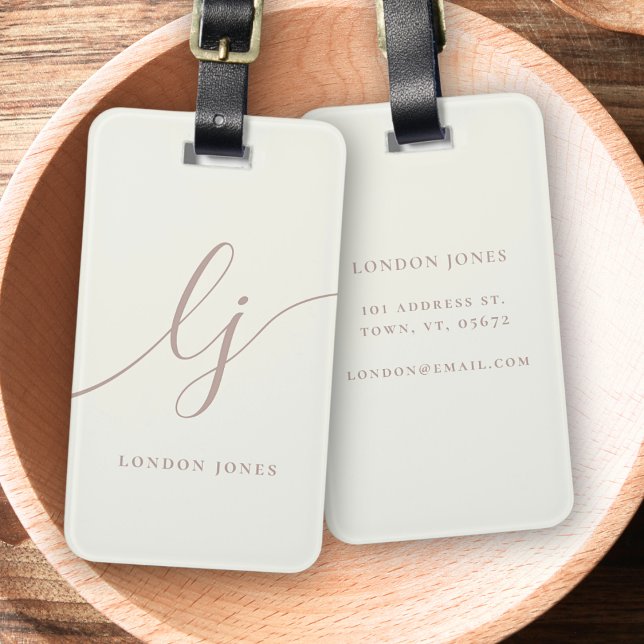 Étiquette À Bagage Monogramme Script calligraphie ivoire blanc rose r (Créateur téléchargé)