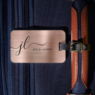 Étiquette À Bagage Monogramme Script Faux Rose Gold Metal Steel