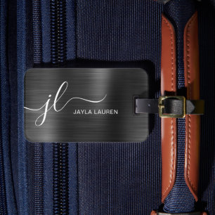 Étiquette À Bagage Monogramme Script Gris noir Faux métal acier