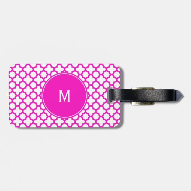 Étiquette À Bagage Monogramme Shocking rose Quatrefoil Motif (Dos horizontal)