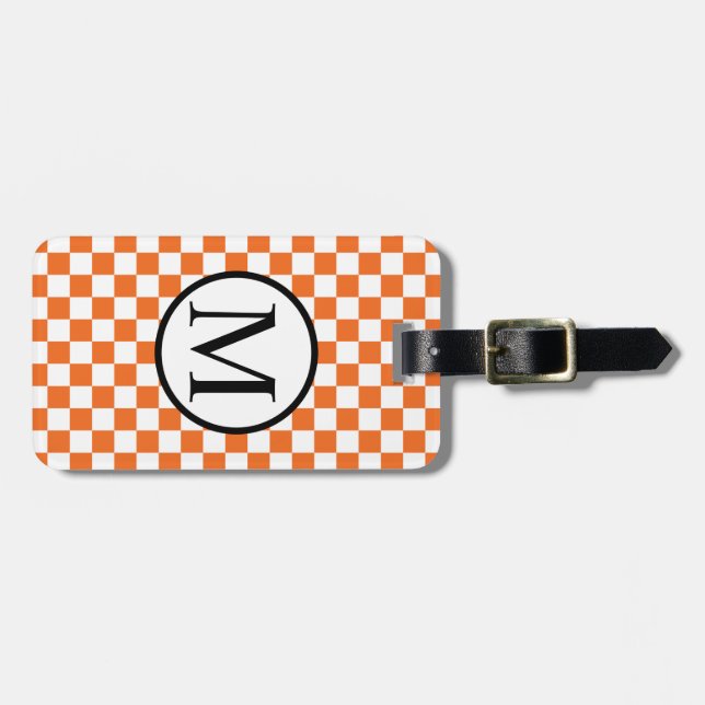 Étiquette À Bagage Monogramme simple avec le damier orange (Devant horizontal)