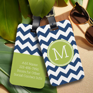 Étiquette À Bagage Monogramme simple Motif Chevron - Chaux de marine