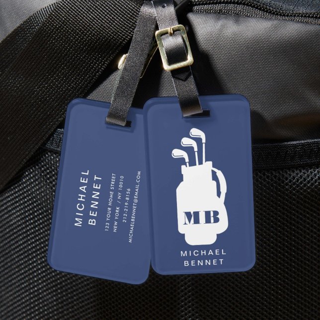 Étiquette À Bagage Monogramme Sport Golf Bleu Moderne (Modern Blue Golf Sport Monogram Luggage Tag)