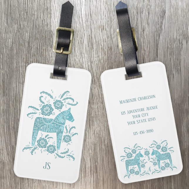 Étiquette À Bagage Monogramme suédois Dala Horse (Teal green Swedish Dala Horse personalized luggage tag)