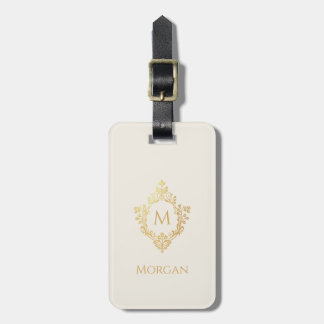 Étiquette À Bagage Monogramme sur blason Ivoire Faux Or Élégant Vinta