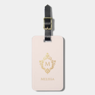 Étiquette À Bagage Monogramme sur un blason Rose Faux Or Élégant Vint