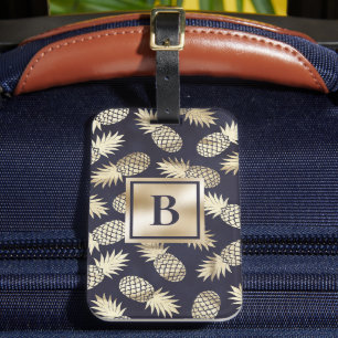 Étiquette À Bagage Monogramme Tropical Ananas Girly Gold Navy