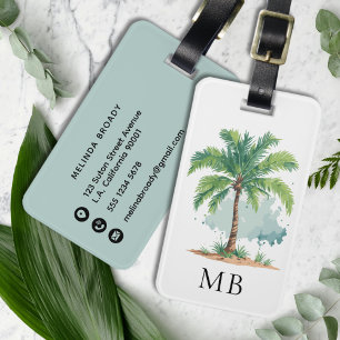 Étiquette À Bagage Monogramme Tropical Aquarelle Palmier Royal