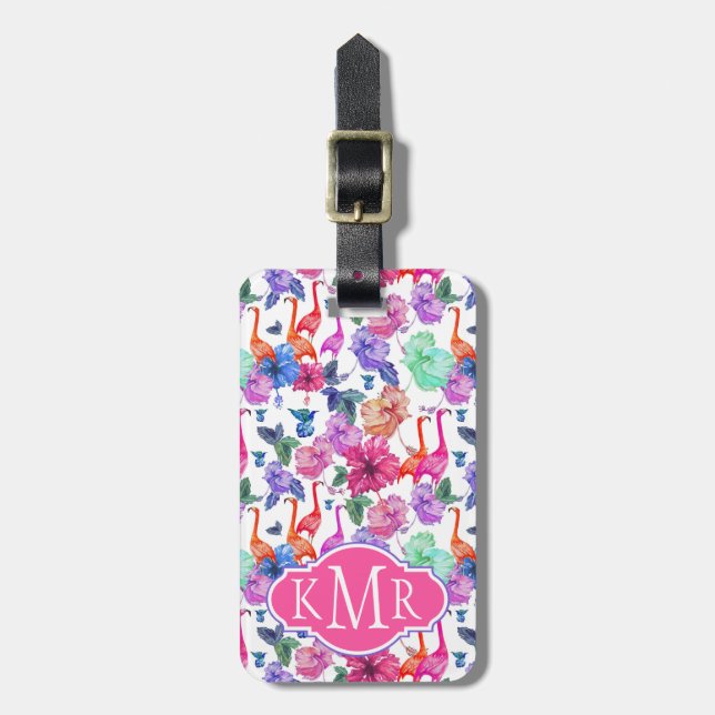 Étiquette À Bagage Monogramme tropical du motif | d'aquarelle (Devant Vertical)