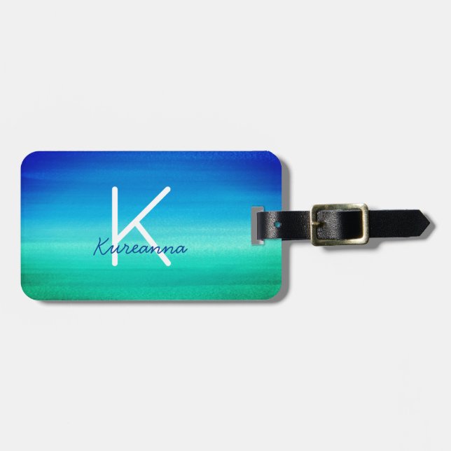 Étiquette À Bagage Monogramme tropical Neon Plage Bleu Vert (Devant horizontal)