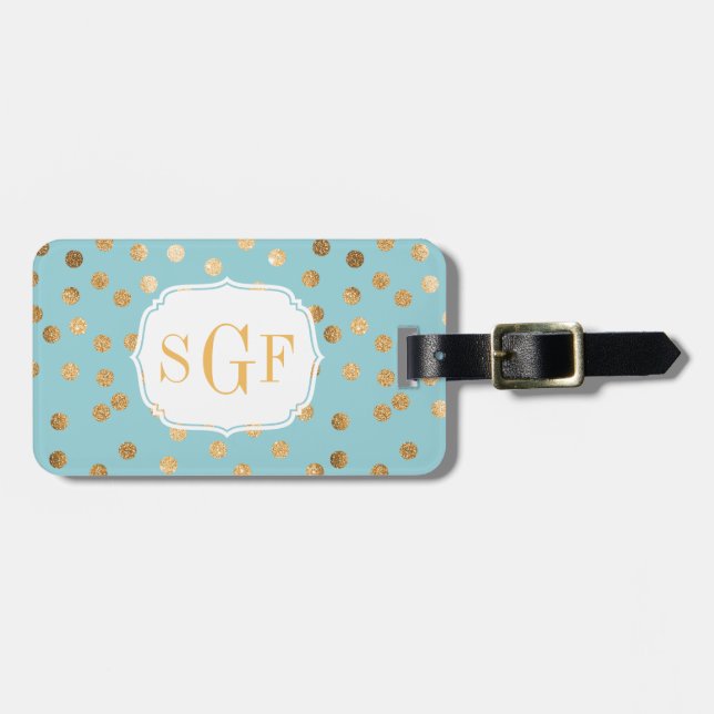 Étiquette À Bagage Monogramme Turquoise Blue et Gold Parties scintill (Devant horizontal)