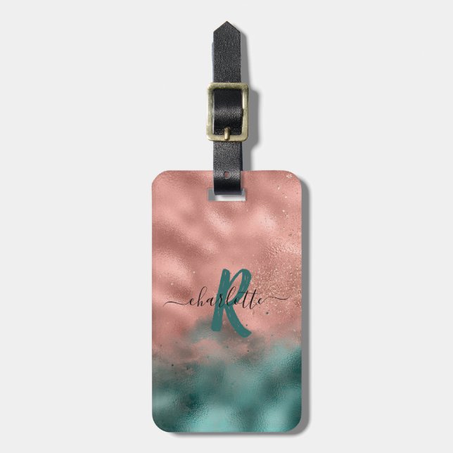 Étiquette À Bagage Monogramme Turquoise et doux Blush Ombre Foil Lugg (Devant Vertical)