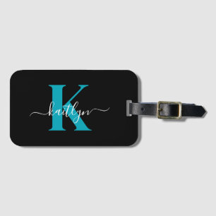 Étiquette À Bagage Monogramme Turquoise noir moderne
