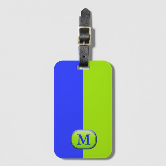 Étiquette À Bagage Monogramme vert bleu néon moderne (Devant Vertical)