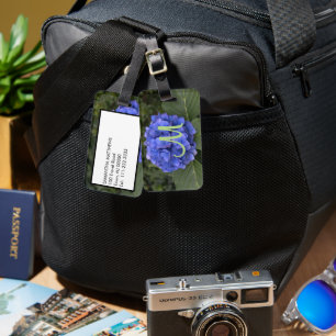 Étiquette À Bagage Monogramme vert Fleur de Hortensia Bleu